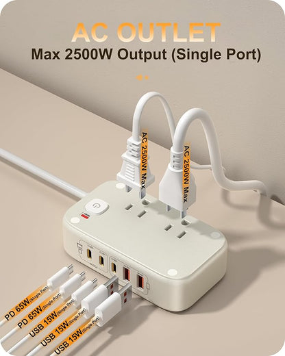 KWRNVO Power Strip with USB Ports 175W GaN 7-in-1 USB C Charging Station Type C & USB A Ports with AC Outlets 2500W for Multi Devices for Phone/Laptop/Home Appliances