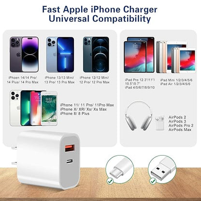 Fast Charger iPhone,Dual Port A/C iPhone Charger Fast Charging Adapter,2Pack Quick Double Phone Wall Charger Block,Apple Charger Block 10FT USB C to Lightning Cable foriPhone 14/13/12/11/ProMax/XS/XR