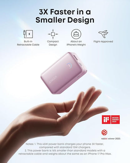 Anker Nano Portable Charger, 10,000mAh 45W Max Compact Power Bank, Travel Essential Phone Battery Pack with 2.3 ft InstaCord Retractable Cable for iPhone 17/16 Series, iPad, Galaxy, and More (Pink)
