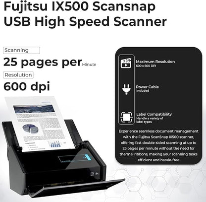 IX500 Scansnap Receipt Scanner - 1 Year Warranty, USB High Speed Cloud Enabled Document & Photo Scanner for Mac & PC - ADF with Duplex Scanning w/ 16V, USB 3.0 Cable, Cloth (Renewed)