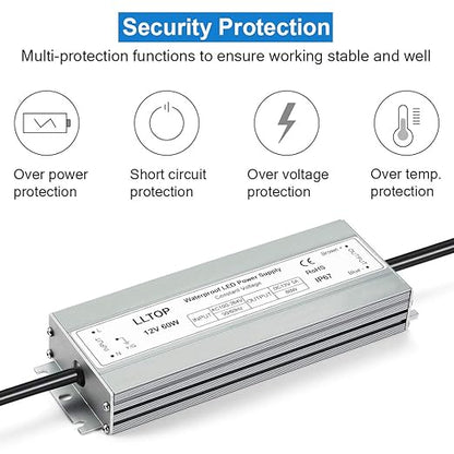LLTOP LED Driver 60 Watts Waterproof IP67 Power Supply AC100-264V to 12V DC 5A Low Voltage Transformer Ultra Thin Adapter for Outdoor LED Lights, Computer Project