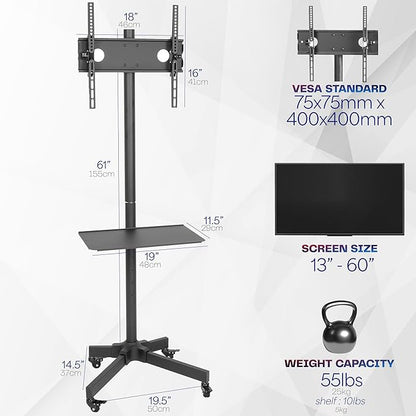 VIVO Mobile TV Cart for 13 to 60 inch Screens up to 55 lbs, LCD LED OLED 4K Smart Flat and Curved Panels, Rolling Stand with Laptop DVD Shelf, Locking Wheels, Max VESA 400x400, Black, STAND-TV04M