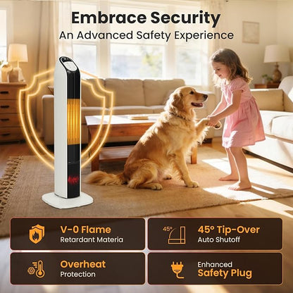Zynkez 33" Space Heaters for Indoor Use Large Room, 1500W PTC Tower Fireplace Heater with 3D Flame, Room Heater w/Remote Control,12H Timer & Oscillation, Portable Electric Heaters for Bedroom, Beige
