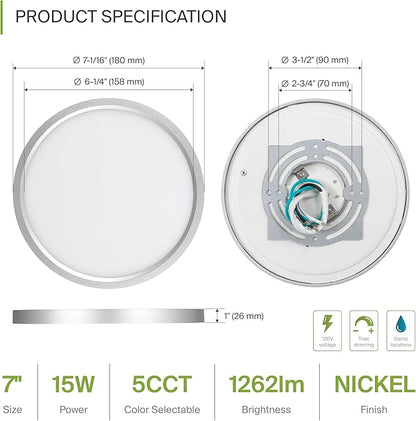 ASD LED 7" Round Flush Mount Ceiling Light Fixture, Low Profile Surface Lighting | 5CCT, Dimmable, Ultra-Thin, ETL Listed | 15W 1260LM 2700-6000K 120V | Kitchen, Bedroom, Hallway Lamp | Nickel