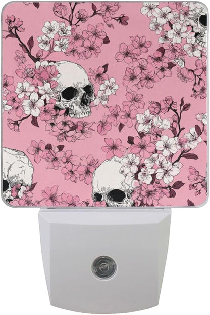 Pigsaly Led Night Light Pink Cherry Blossoms White Skulls Night Light Plug in Wall Lamp Smart Dusk to Dawn Sensor Nightlight Led Lamp Energy Saving Lights Gift for Kids Room Bedroom Bathroom Hallway