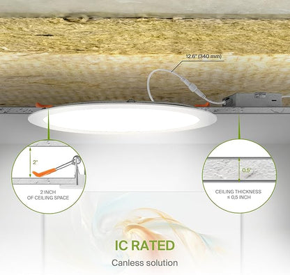 ASD 1 Pack 11/12 Inch LED Recessed Lighting 24W, 5 CCT 2700K-5000K CRI90+, IC Rated Ultra Thin Dimmable Ceiling Lights with J Box, Canless Wafer Downlight, Round Slim Panel Light, UL Listed, White