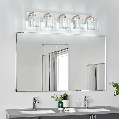 FDPBY Modern Vanity Light 5-Lights Brushed Nickel Vanity Light Crystal Bathroom Wall Light Bathroom Light Fixtures