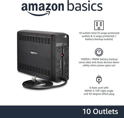 Amazon Basics UPS Battery Backup & Surge Protector 1500VA/900W, 10 Outlets, Line Interactive Uninterruptible Supply, for Power Outage Protection, Black