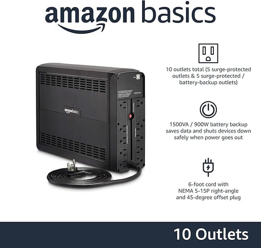 Amazon Basics UPS Battery Backup & Surge Protector 1500VA/900W, 10 Outlets, Line Interactive Uninterruptible Supply, for Power Outage Protection, Black