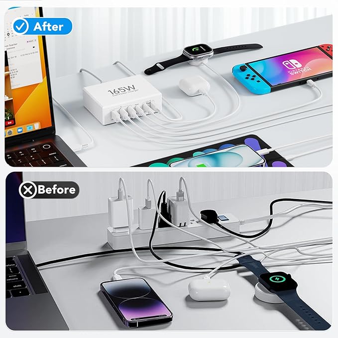 165W USB C Charging Station Hub, 6 Port PD GaN Fast Wall Charger Block Type C Laptop Power Adapter Charger Cube Brick for MacBook Pro/Air,iPad Pro,iPhone16 15 14 13 12, AirPods4，watch10 ultra2