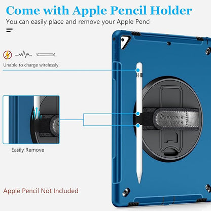 Case for iPad Pro 12.9 2nd Generation 2017& 2015 1st Generation, Heavy Duty TPU Protective Cover with Screen Protector- 360° Rotatable Stand + Handle Hand & Shoulder Strap + Pencil Holder- Blue
