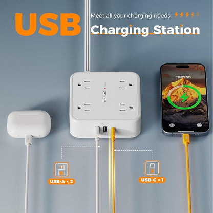 Surge Protector Power Strip, TESSAN 15 FT White Extension Cord Flat Plug with 8 AC Outlets 3 USB Ports (1 USB C), 900J Surge Protection, 3 Sided Wall Mountable Outlet Extender for Office Dorm Room