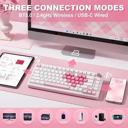 YUNZII B75 PRO Wireless Mechanical Keyboard,75% Layout with Knob,Hot Swap Gasket Structure,Creamy Pre-lubed Switches,RGB Backlit,Bluetooth/Type-C/2.4G for Win/Mac (White, Milk Switch)