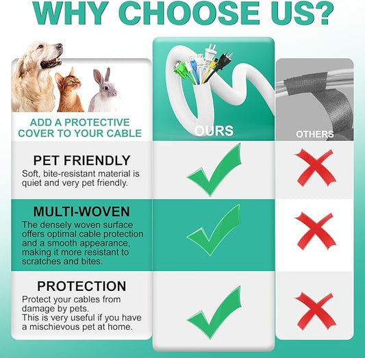 UOMTFAI Dog and Cat Cord Protector 25ft - 1/2inch, Flexible Cable Sleeve for Easy Cord Management, Protects Cables from Pets Chewing, Ideal for USB, Power, Audio and Video Cords - White