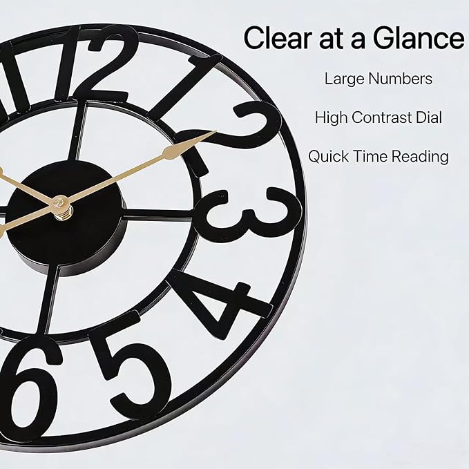Alarmore Wall Clock, 14 in Small Wall Clocks Battery Operated, Vintage Retro Mid Century Decorative Metal Clock Silent Non Ticking for Living Room Decor-Black