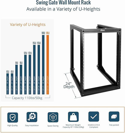Tecmojo 18U Wall Mount Server Rack, Open Frame Network Rack for 19" Computer/AV/Data/IT/Media Equipment, 24" Depth, 16" Apart Mounting Holes, Swing Gate, Square and Tapped Holes