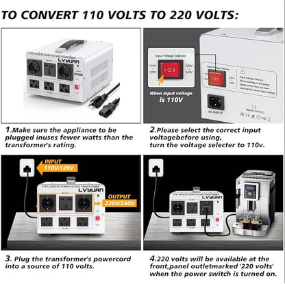 LVYUAN Heavy Duty 3000W Watt Voltage Transformer Converter Step Up/Down Converter 110/120 Volt - 220/240 Volt with 3 US,2 European,1 Universal Outlets and CE Certified,Circuit Break Protection