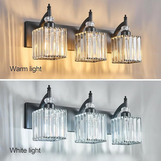 BBLLWJ Modern Bathroom Vanity Light 3-Light Black Crystal Light Fixtures Over Mirror for Bathroom Wall Sconce