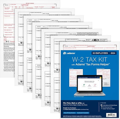 Adams 2024 W2 Tax Forms 2024, 6 Part Laser/Inkjet Tax Forms, 50 Employees, Includes 6 W3 Forms, Access to Tax Forms Helper (1009322)