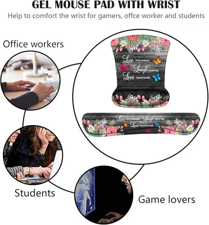 Keyboard Wrist Rest and Mouse Pad Wrist Support Set with Coasters, Non-Slip PU Base Ergonomic Gaming Mousepad for Home Office Working Studying Easy Typing & Pain Relief, Floral Quote Live Laugh Love