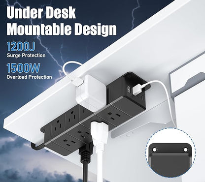 45W USB-C Fast Charging Under Desk Power Strip,12 Outlet Mountable Power Strip with 4 USB,1200J Surge Protection,10FT Flat Extension Cord Black