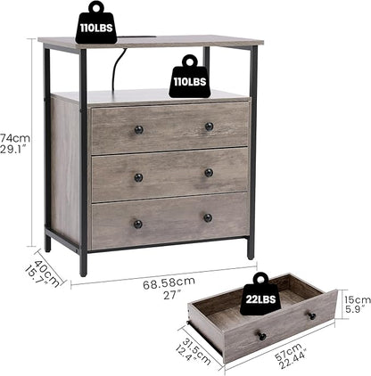 Edbuosy 3 Wooden Drawers Night Stand, 27 Inch Wide Nightstand with Charging Station and Adjustable Drawers, Small Dresser for Closet, Bedside Table for Living Room/Bedroom/Office, Gray.