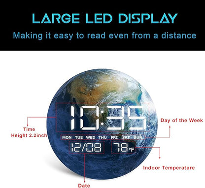 HOMLOVE Digital Desk Clock with Large LED Display, Earth Modern Date Temperature Clock [TYPC-in] for Shelf, Table, Mantel or Bedside, (Earth, 7.87 INCH)