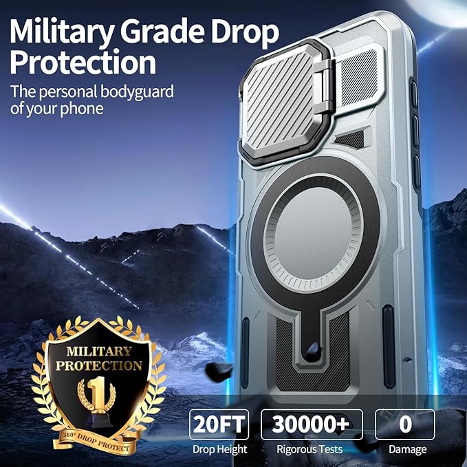 Camera Stand Case for iPhone 15, [Compatible with MagSafe] [Lens Cover] 2024 Version Military Grade Protective Soft Case for iPhone 15 6.1 inch Men Women, Grey