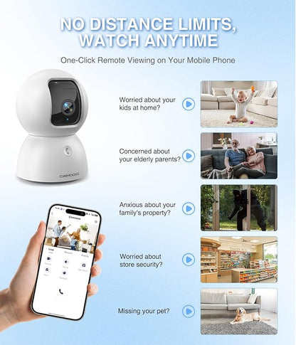 CINMOORE 3K Indoor Camera with 64GB Card, Human/Pet/Facial AI Detection, Dog/Cat/Pet Camera Indoor with Phone APP, 5GHz 2.4GHz Dual Band Wi-Fi 6, 360 Pan Tilt Auto Tracking, Night Vision, 2-Way Talk
