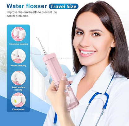 JNGOODS Mini Portable Water Flosser Oral Irrigator Water Teeth Cleaner Pick, Telescopic Water Tank, 4 Modes & IPX7 Waterproof, Home & Travel Water Flossers for Teeth, Braces Bridges Care. (Pink)