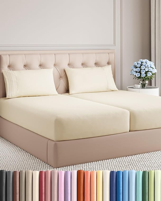 Split King Size 5 Piece Sheet Set - Comfy Breathable & Cooling Bed Sheets Set - Hotel Luxury Bedding for Women, Men, Kids, Teens, Boys & Girls - Deep Pockets, Soft, Wrinkle Free - Oeko-Tex - Off White