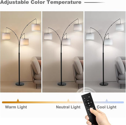Fansdrick Floor lamp with Remote, 3 Light Arc Floor Lamps for Living Room, 2400LM Tall Standing Floor Lamps with Gray Shades, 80" Large Floor Lamp for Bedroom, Office