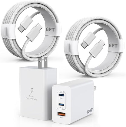 100W USB C Charger, 2Pack 140W USB C to C Woven Cable 6FT Braided Cord 100W Type C MacBook Pro Charger Block 6Foot Super Fast Phone Charging 3 Port PD & AC Charge for MacBook Pro/iPhone 16/15/iPad Pro