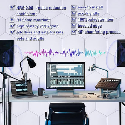 18 Pack Self-adhesive Acoustic Panels Soundproof Wall Panels 12"X10"X 0.4" Sound Absorbing Panel for Decoration Sound Deadening Panels Acoustic Treatment Panel For Home Office（White Hexagonal Design）