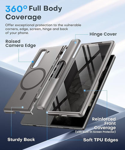 BERFY for Samsung Galaxy Z Fold 6 Phone Case Grey | Magnetic, with Privacy Screen Protector, Compatible with MagSafe, Anti Spy, Built-in S Pen Holder, Kickstand, Full-Body Shockproof, for Z Fold 6