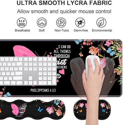 Ergonomic Keyboard Wrist Rest & Mouse Pad Wrist Rest Set,Floral Butterfly Quote Bible Verse Philippians 4:13 Large Gaming Desk Mat 31.5"x 11.8" with Memory Foam,Easy Typing Pain Relief for Home Office