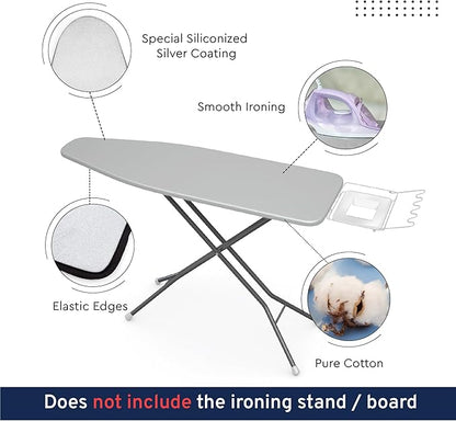 Encasa XO Ironing Board Cover and Pad 54"x18" - 4mm Felt & 2mm Foam Metallized Silver Iron Board Cover with Padding - Heat & Scorch Resistant, Non Slip, Bungee Elasticated, 3 Fasteners Silver Luxury