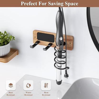 Tindbea Hair Dryer Holder Curling Iron Holder, Blow Dryer Holder Wall Mount, Bathroom Hair Tool Organizer Rack for Universal Dryer, Sapele Wood Matte Black