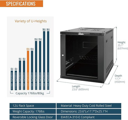 Tecmojo 12U Wall Mount Rack Cabinet, Heavy-Duty 176 Lbs High Load Capacity, 19” Enclosed Server Network Rack with Glass Door, 17.7” Deep – Elite Collection