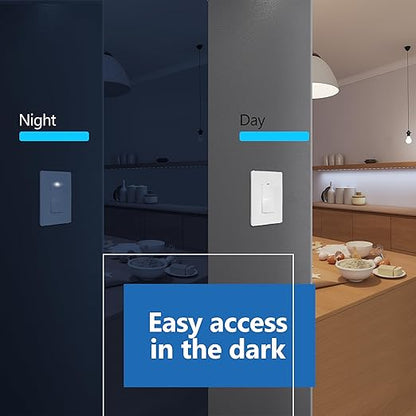 LIDER Minimalist Design Matte Finish Lighted Decorator Switch with Screwless Wall Plate, Frameless Paddle Light Switch with Locator Light, 3-Way, Grounding Screw, 15A 125V, UL Listed, White