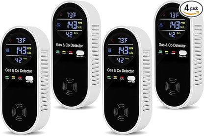 4 Packs Carbon Monoxide Detectors Plug in, 4-in-1 Natural Gas Leak Detector & Carbon Monoxide Detectors with Temperature & Humidity, Natural Gas Detectors for Home/Apartment/RV
