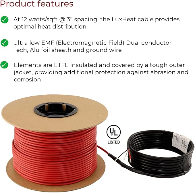 LuxHeat 120sqft Floor Heating Cable Kit - 240v Electric Heated Floor System - Heated Flooring System Includes UDG4 Programmable Thermostat w/GFCI, Heating Cable, Strapping, Sensor & Alarm