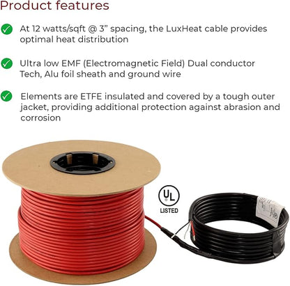 LuxHeat 90sqft Floor Heating Cable Kit - 240v In Floor Heating System for Tile - Heated Flooring System Includes UDG4 Programmable Thermostat w/GFCI, Heat Cable, Strapping, Sensor & Alarm