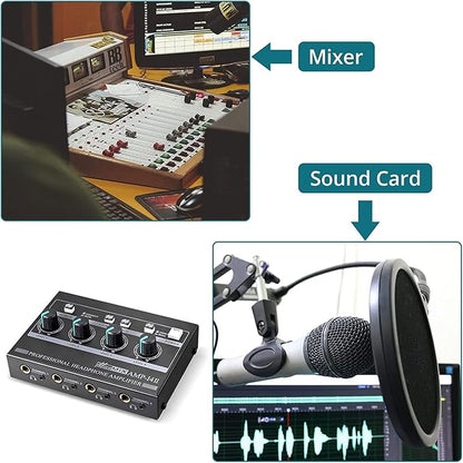 Riworal Headphone Amplifier 4 Channel Audio Amplifier Portable Splitter with 1/4"& 1/8" TRS Output Input for Dj Mixer Or Monitor Headphone for Stereo/Mono