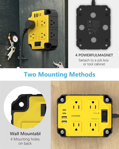 8-Outlets Heavy Duty Power Strip with 4 USB Ports(2 USB-C), Industrial Magnetic Surge Protector Power Strip 15 Amps/1200 Joules, 6.5 Ft Multi-Plug Electric Extension Cord for Workshop Garage (Yellow)