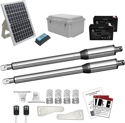 JUJIANG C01 Solar Gate Opener with Batteries & Solar Panel for Dual Swing Gates Up to 440lb 12FT per Arm Automatic Gate Opener with Remote Complete Kit Light Duty Automatic Gate Openers Solar Powered