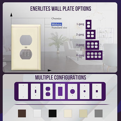 ENERLITES Duplex Receptacle Outlet Wall Plate, Midway Size 1-Gang 4.88" x 3.11", Unbreakable Polycarbonate Thermoplastic, 8821M-LA, Light Almond