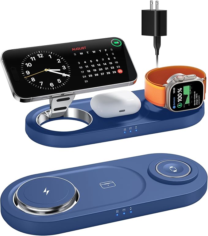 Upgraded 3 in 1 Wireless Charging Station for Apple Devices, Faster Mag-Safe Charger Stand, Magnetic Charger Station for iPhone 17/16/15/14/13/12 & AirPods Pro & Apple Watch Series (Sapphire Blue)
