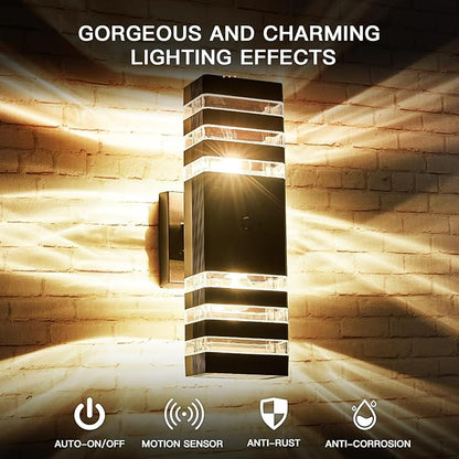2 Pack Oil Rubbed Bronze Outdoor Wall Lights Fixtures with Motion Sensor Up Down Porch Lights Modern Dusk Dawn Exterior Sconce Wall Mount Outside Coach Lantern for House(With 4 Dimmable Warm Bulbs)