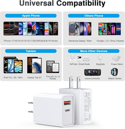 2-Pack Type C Charger Adapter, 20W Multiport Fast Charge Power Brick Cube for iPhone 16/17, iPad, iPod, Samsung Galaxy, Motorola, PS5, Huawei, HTC, LG, Nokia, QC+PD 3.0 USBA Box Wall Plug